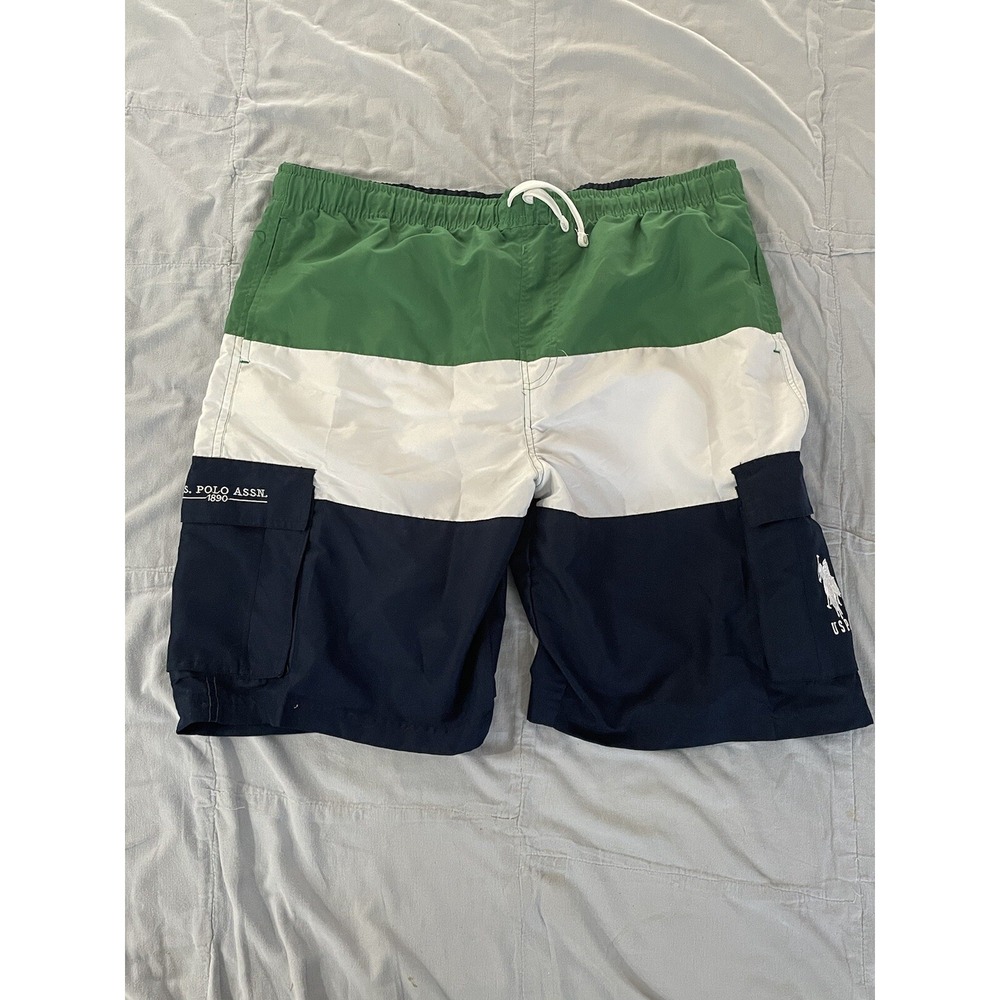 Men US Polo Assn Cargo Line Elastic Embroidered Swim Trunks XXL Green Blue White